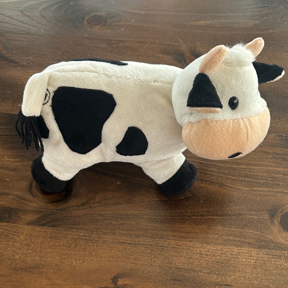 Plush Cow Stuffed Animal Toy With Bell Kids Fun Black White Farm Rustic Soft